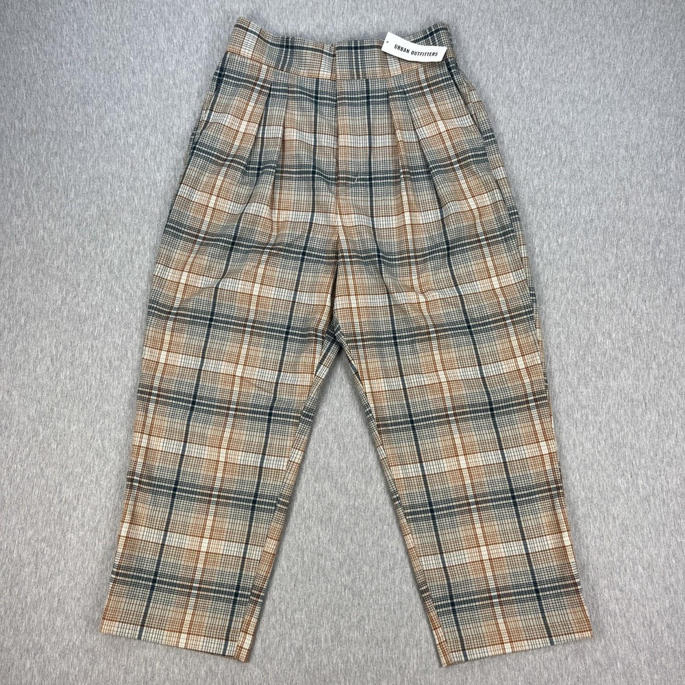 Urban Outfittters Plaid Trouser Pants Womens L Beige Pleated Crop High Rise NEW